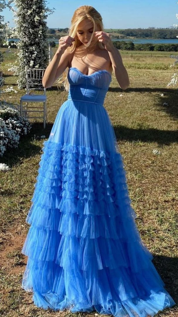 Blue Tulle Tiered A-Line Strapless Formal Elegant Evening Party Dress Prom Gown,DP594