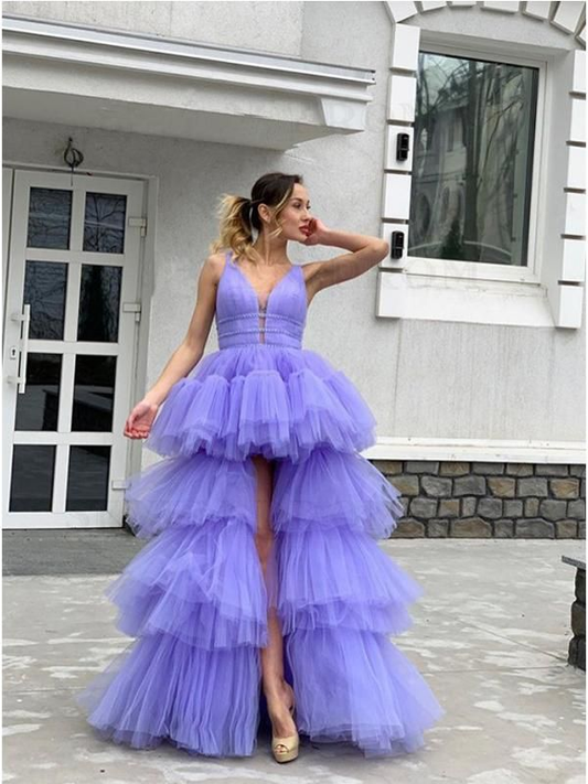 Purple A-line V-neck High-Low Prom Dress Dance Dress Ball Gown,DP595