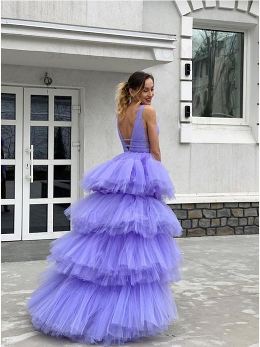 Purple A-line V-neck High-Low Prom Dress Dance Dress Ball Gown,DP595