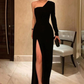 Black One Shoulder Long Sleeve Long Prom Dress with High Slit Formal Evening Dress,DP597