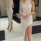 Silver Sequin High Collar One Sleeve Asymmetrical Prom Dress,DP599