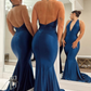 Navy Blue Halter Deep V Neck Trumpet Long Formal Dress,DP601