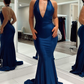 Navy Blue Halter Deep V Neck Trumpet Long Formal Dress,DP601