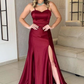 Burgundy A-Line Spaghetti Straps Long Prom Dress Evening Dress with Slit,DP602