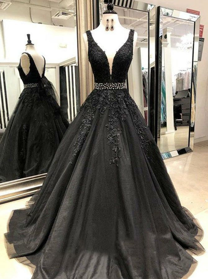 Black A-Line Deep V-neck Appliques Long Prom Dress,DP603