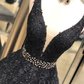 Black A-Line Deep V-neck Appliques Long Prom Dress,DP603