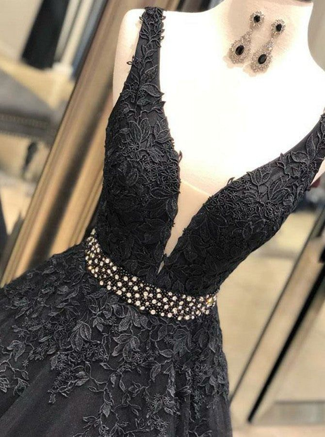 Black A-Line Deep V-neck Appliques Long Prom Dress,DP603