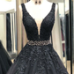 Black A-Line Deep V-neck Appliques Long Prom Dress,DP603