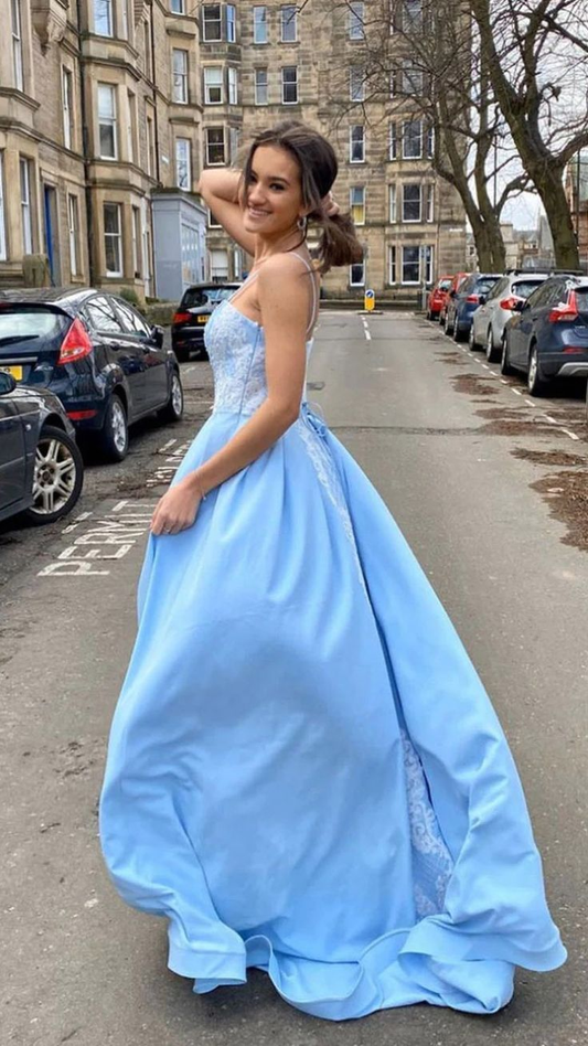 Sweetheart Sky Blue Satin Long Prom Dress With Lace Appliques,DP604