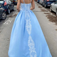 Sweetheart Sky Blue Satin Long Prom Dress With Lace Appliques,DP604