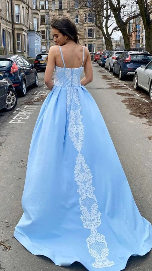 Sweetheart Sky Blue Satin Long Prom Dress With Lace Appliques,DP604