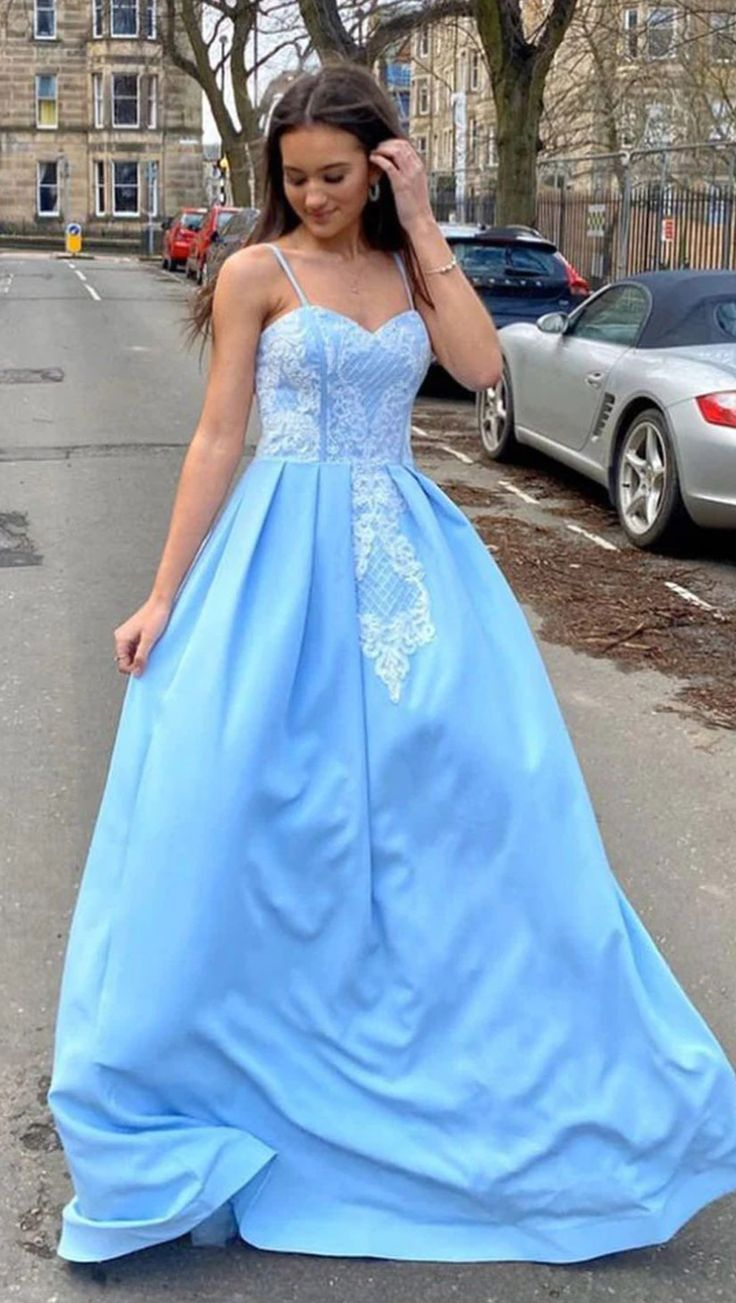 Sweetheart Sky Blue Satin Long Prom Dress With Lace Appliques,DP604