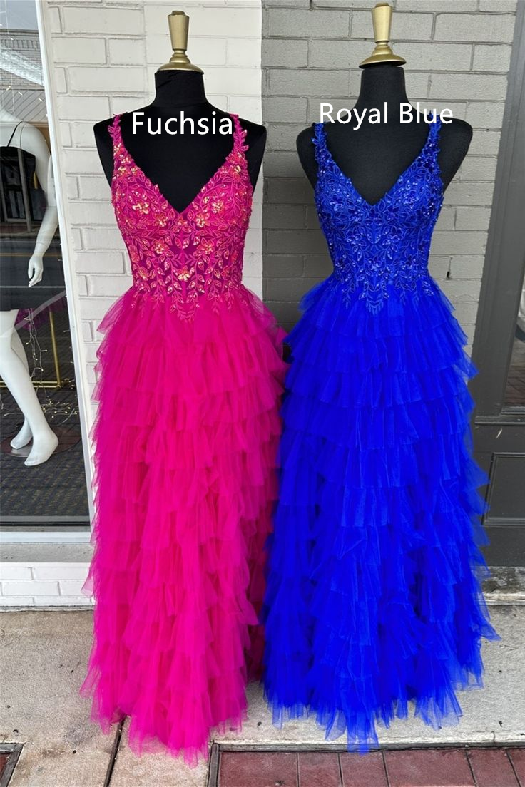 Fuchsia/Royal Blue Layers Floral Tulle A-line Long Prom Dress,DP605