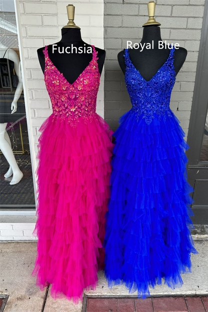 Fuchsia/Royal Blue Layers Floral Tulle A-line Long Prom Dress,DP605