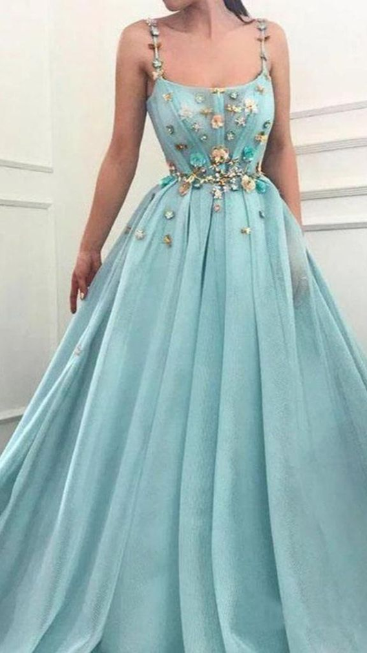 Elegant A-Line Spaghetti Straps Tulle Scoop Prom Dress with Appliques Formal Dress,DP606