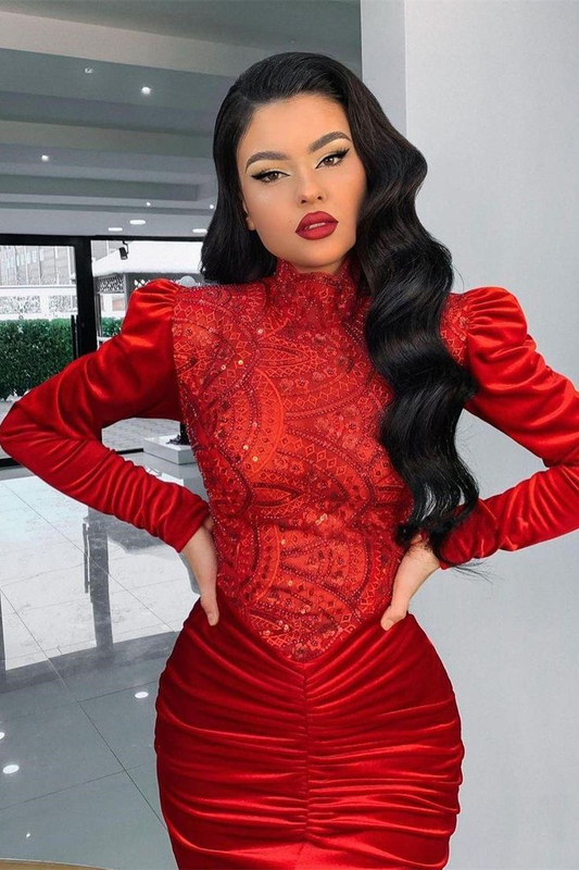 Stunning Red Velvet High Neck Mermaid Prom Dress Long Sleeves,DP610