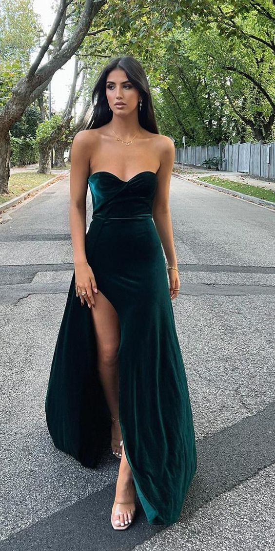 Simple Velet Strapless Long Prom Dress Evening Party Dress with High Slit,DP611