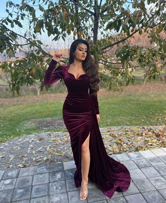 Sexy Mermaid Slit Long Prom Dress Evening Dress With Long Sleeves,DP614