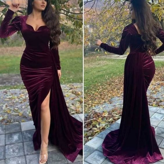 Sexy Mermaid Slit Long Prom Dress Evening Dress With Long Sleeves,DP614