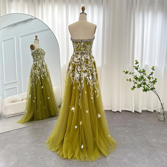 Olive Green Elegant Strapless Evening Dress Formal Prom Gowns with Beading,DP616