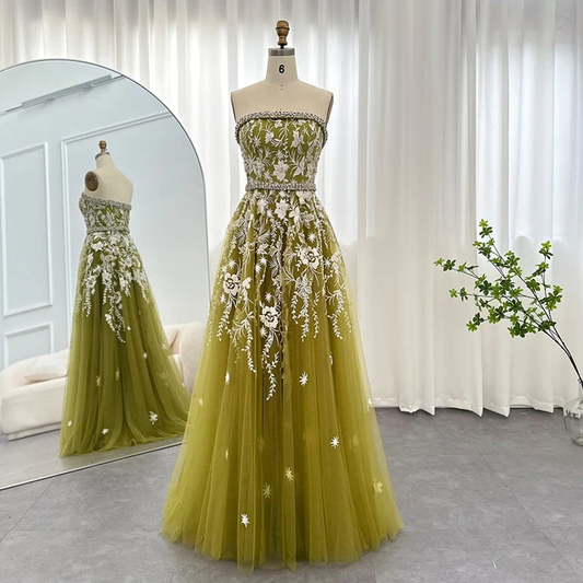 Olive Green Elegant Strapless Evening Dress Formal Prom Gowns with Beading,DP616