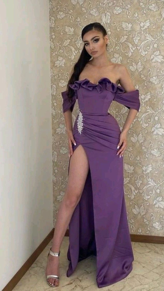 Purple Off Shoulder High Slit Long Prom Dress with Beading,DP617