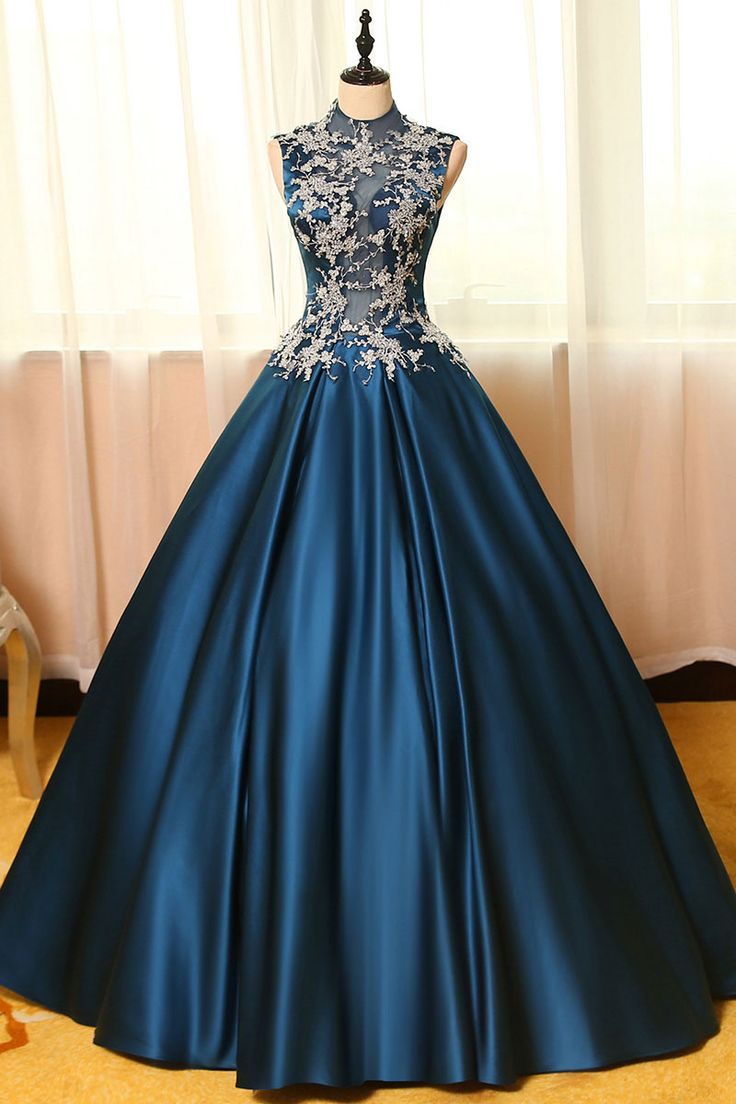 Peacock Blue Satin Lace Applique Long Prom Dress Formal Evening Dress,DP621