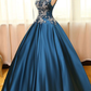 Peacock Blue Satin Lace Applique Long Prom Dress Formal Evening Dress,DP621