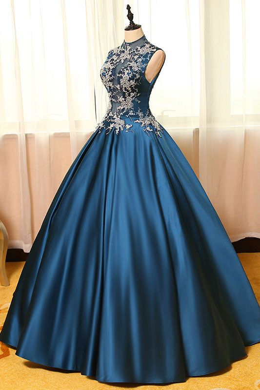 Peacock Blue Satin Lace Applique Long Prom Dress Formal Evening Dress,DP621