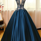 Peacock Blue Satin Lace Applique Long Prom Dress Formal Evening Dress,DP621