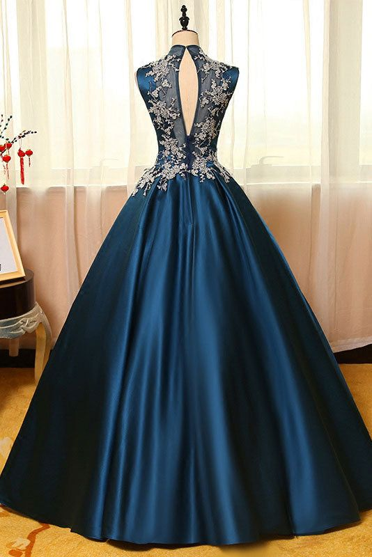 Peacock Blue Satin Lace Applique Long Prom Dress Formal Evening Dress,DP621