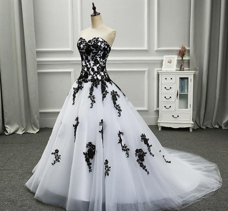 Strapless Beautiful White and Black Long Prom Dress Ball Gown Wedding Dress,DP623