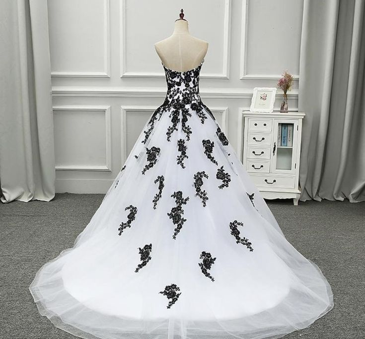 Strapless Beautiful White and Black Long Prom Dress Ball Gown Wedding Dress,DP623