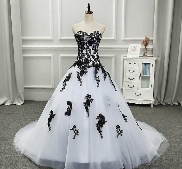 Strapless Beautiful White and Black Long Prom Dress Ball Gown Wedding Dress,DP623