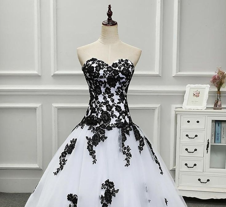 Strapless Beautiful White and Black Long Prom Dress Ball Gown Wedding Dress,DP623