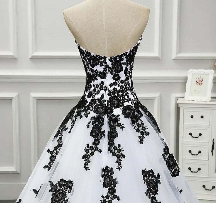 Strapless Beautiful White and Black Long Prom Dress Ball Gown Wedding Dress,DP623