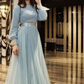 Light Blue Shiny Long Sleeves A-Line Long Prom Dress Formal Evening Dress,DP626