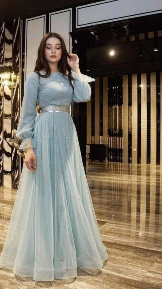 Light Blue Shiny Long Sleeves A-Line Long Prom Dress Formal Evening Dress,DP626