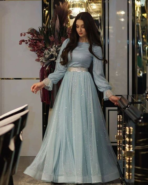 Light Blue Shiny Long Sleeves A-Line Long Prom Dress Formal Evening Dress,DP626