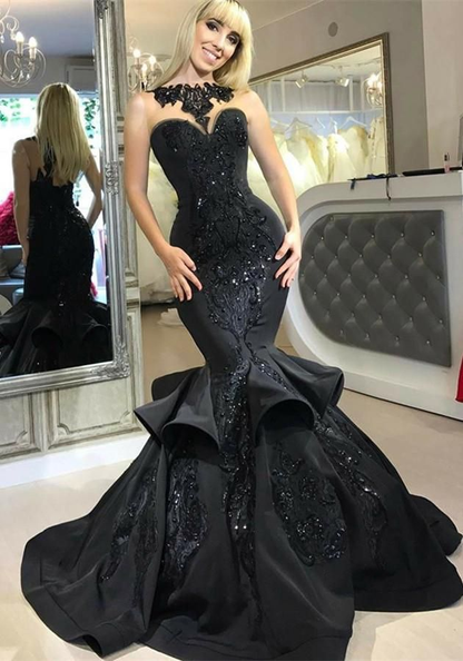 Chic Black Mermaid Formal Dresses Long Sequins Ruffles Party Gowns,DP627