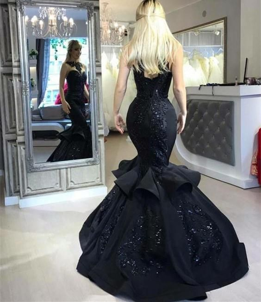 Chic Black Mermaid Formal Dresses Long Sequins Ruffles Party Gowns,DP627