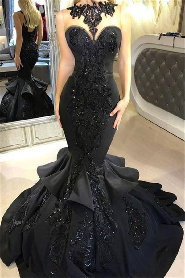 Chic Black Mermaid Formal Dresses Long Sequins Ruffles Party Gowns,DP627