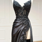 Black Sexy Appliques High Slit Long Prom Dress with Spaghetti Straps,DP629