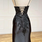 Black Sexy Appliques High Slit Long Prom Dress with Spaghetti Straps,DP629