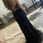 Sweetheart Black Strapless Corset Lace Long Prom Dress with Slit,DP630