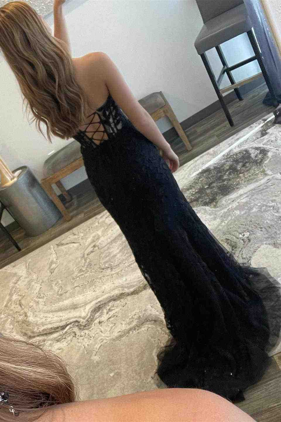 Sweetheart Black Strapless Corset Lace Long Prom Dress with Slit,DP630