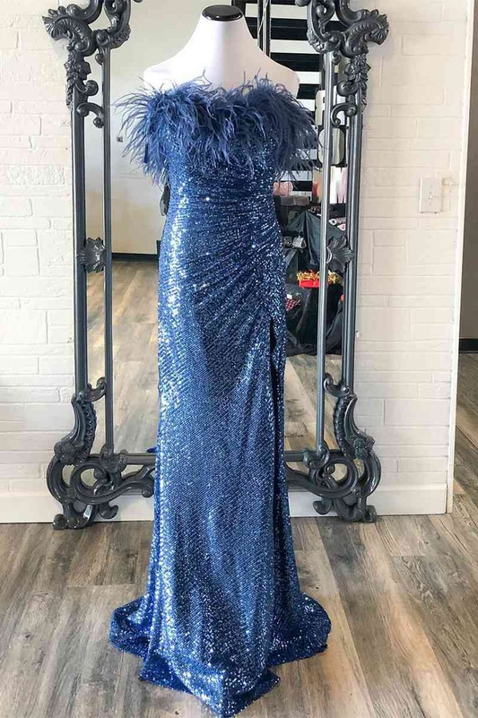 Sequins Strapless Feather Long Formal Dress Prom Dress with Slit,DP632