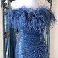 Sequins Strapless Feather Long Formal Dress Prom Dress with Slit,DP632