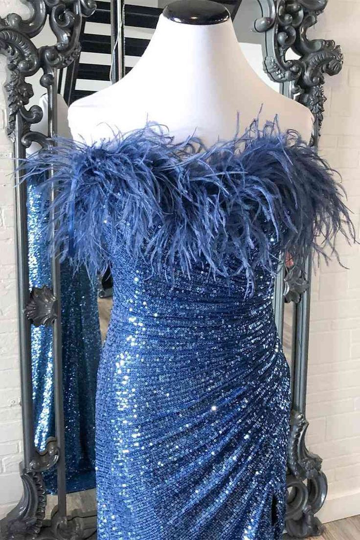 Sequins Strapless Feather Long Formal Dress Prom Dress with Slit,DP632