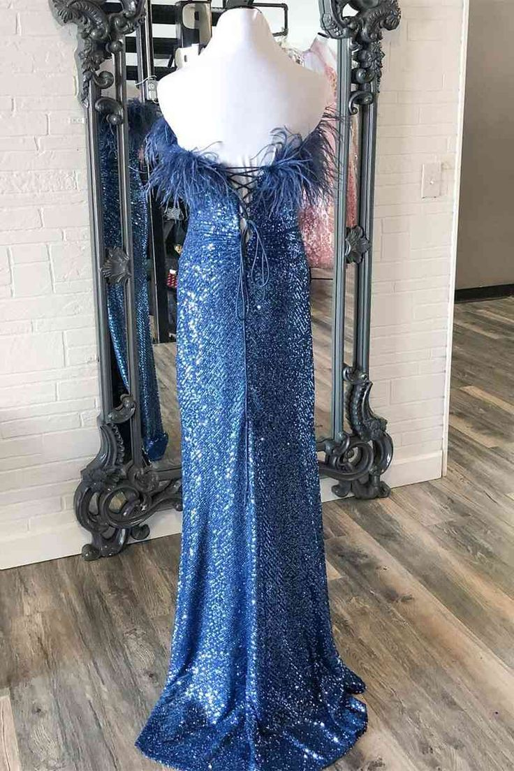 Sequins Strapless Feather Long Formal Dress Prom Dress with Slit,DP632